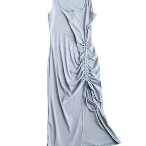 Cider Rib Button Drawstring Midi Knit Dress Women's L Blue Bodycon Fairy Cozy